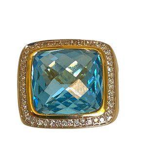 Cushion-cut Albion Blue Topaz with Diamonds Statement Ring in 14k Yellow Gold
